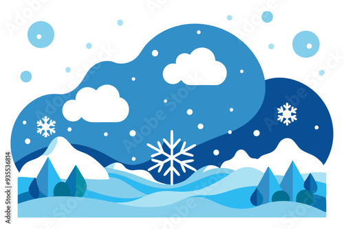 Abstract Winter Landscape with Mountains, Snowflakes, and Clouds