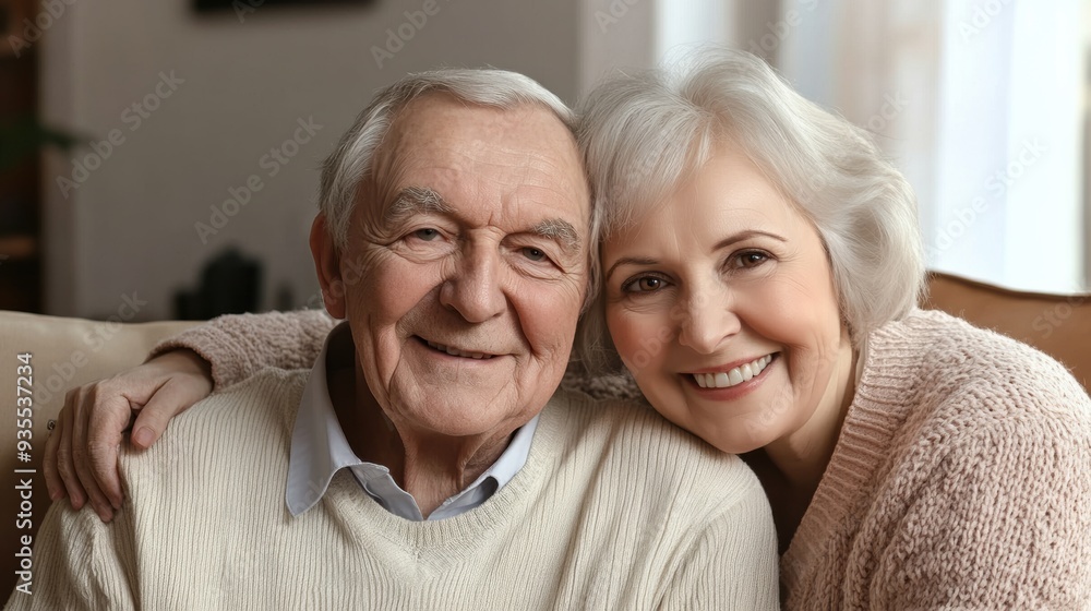 A man and woman sitting on a couch smiling at the camera, AI A man and woman sitting on a couch smiling at the camera, AI