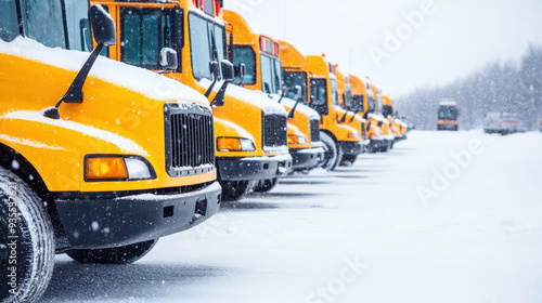 Line of yellow school buses parked in a snow-covered area during winter, showcasing a bright contrast against the white landscape.