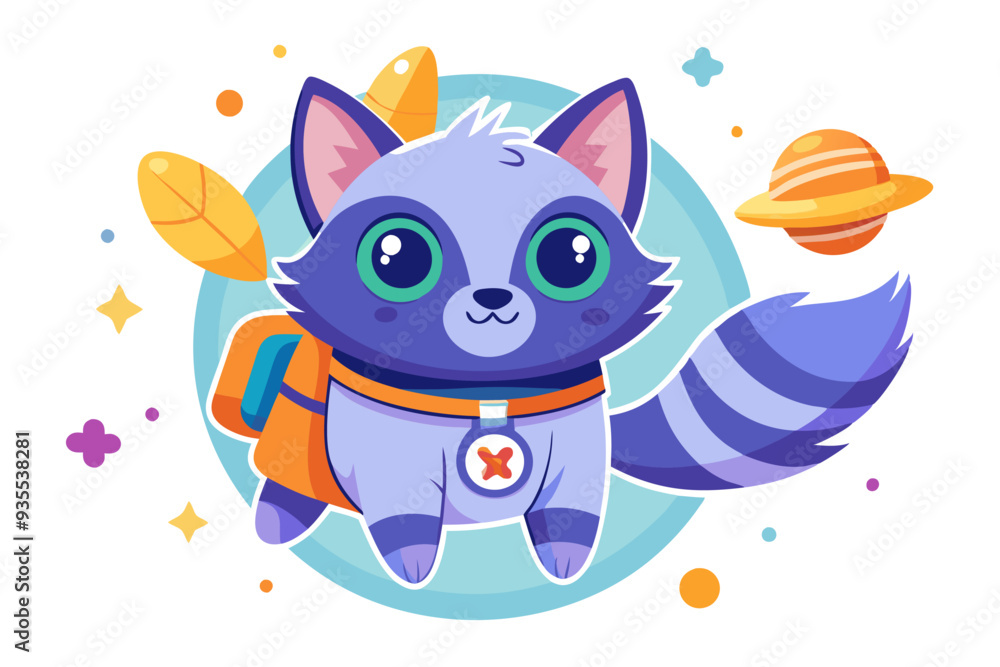 Fototapeta premium Cute Purple Raccoon with Backpack and Planet in Space
