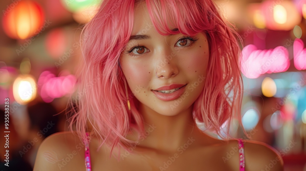 Full-length portrait of a young Japanese model in a pink wig and vibrant school uniform, having a great time at a bachelorette party in a nightclub with friends Full-length portrait of a young Japanese model in a pink wig and vibrant school uniform, having a great time at a bachelorette party in a nightclub with friends
