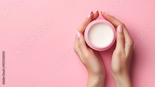 Cropped top view of female hands holding container with cream in hands Using cosmetics product isolated pastel pink background Concept of body and skin care spa dermatology treatments : Generative AI