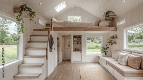 Serene Simplicity: Cozy Minimalist Tiny House Interior with Natural Light and Modern Design Elements
