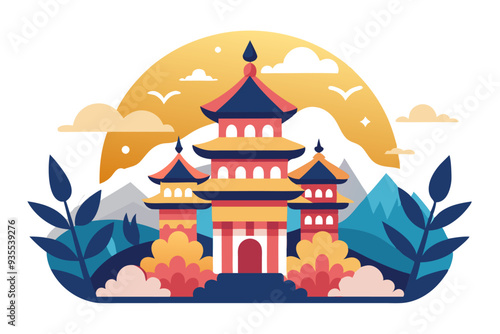 Asian Pagoda Surrounded by Nature in a Colorful Illustration
