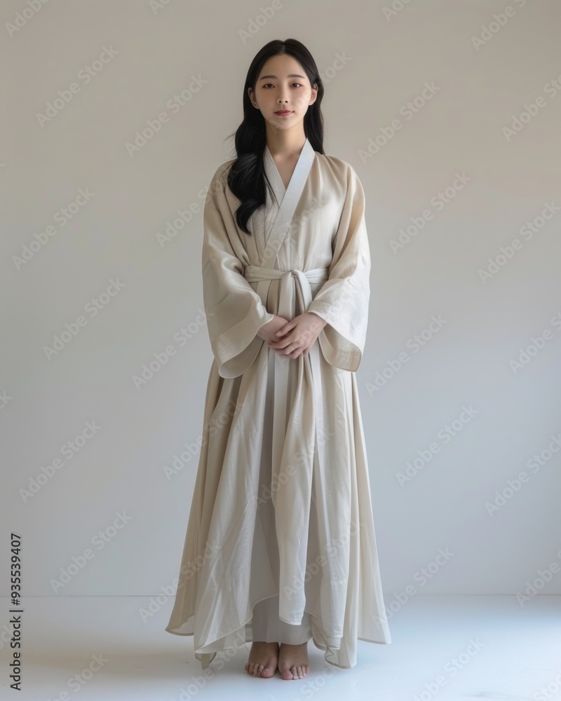 Full-length image of a young Korean woman in a silk robe, posed in a professional photo studio with a clean, neutral background, emphasizing the elegant fabric of the robe and her serene posture Full-length image of a young Korean woman in a silk robe, posed in a professional photo studio with a clean, neutral background, emphasizing the elegant fabric of the robe and her serene posture
