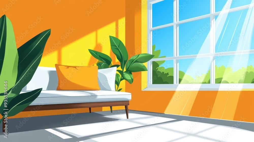 Experience serenity in this modern sunroom, where minimal design meets a charming garden view in playful cartoon textures. Experience serenity in this modern sunroom, where minimal design meets a charming garden view in playful cartoon textures.