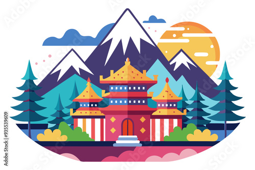Asian Temple Surrounded by Mountains and Trees