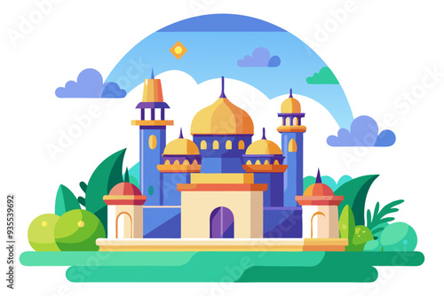 A Blue Mosque with Golden Domes and Minarets Surrounded by Green Foliage