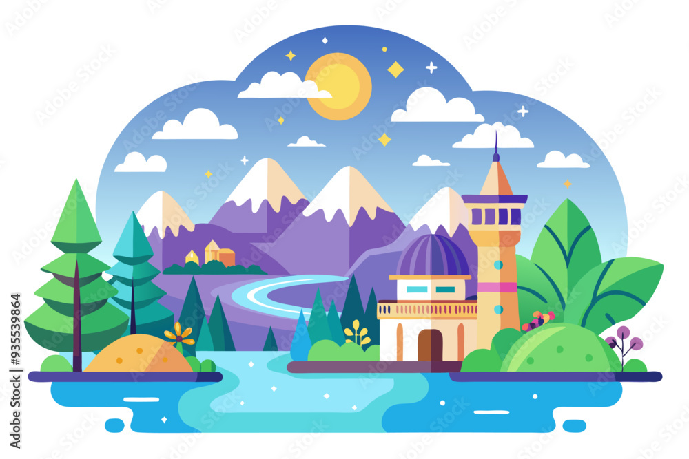 A Colorful Illustration of a Mountainous Landscape with a River, a Tower, and a Building A Colorful Illustration of a Mountainous Landscape with a River, a Tower, and a Building