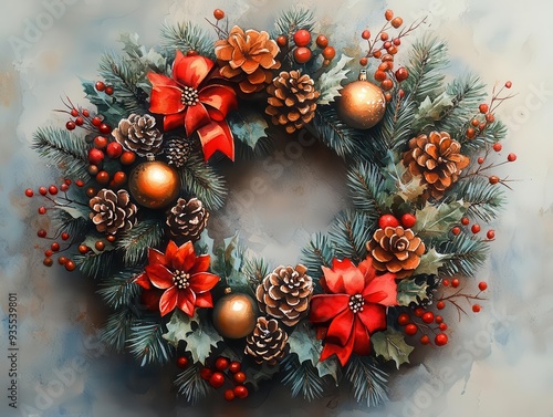 festive wreath adorned with metallic ornaments pine cones and shimmering ribbons watercolor illustration with rich colors and delicate details on white background