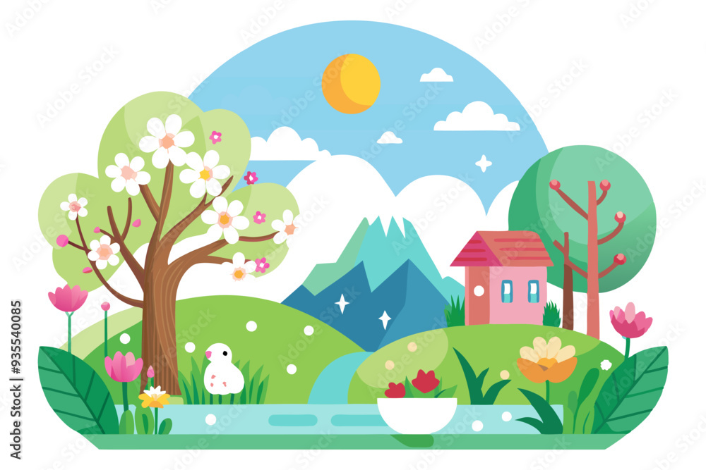 A Colorful Springtime Scene with a House, Flowers, and a Bird A Colorful Springtime Scene with a House, Flowers, and a Bird