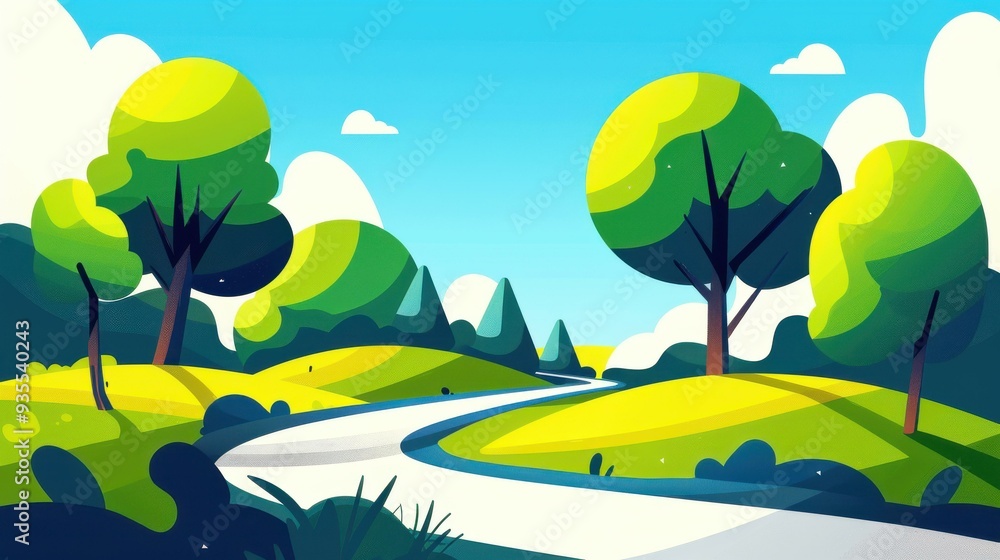 Discover a whimsical narrow path embraced by lush greenery, inviting you into a vibrant cartoon world full of life. Discover a whimsical narrow path embraced by lush greenery, inviting you into a vibrant cartoon world full of life.