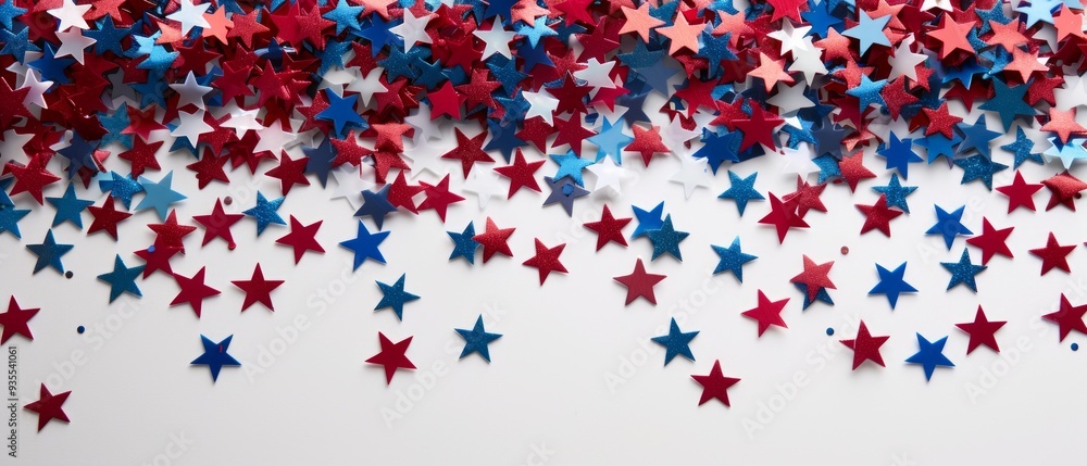 Image with white background, red, white, blue stars in random pattern. Some have gradient colors. Wide aspect ratio suitable for banners, wallpapers, festive ads. Image with white background, red, white, blue stars in random pattern. Some have gradient colors. Wide aspect ratio suitable for banners, wallpapers, festive ads.