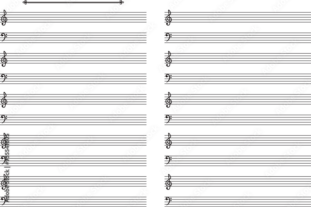 おしゃれなタイトルの飾り罫付ト音記号とヘ音記号の五線譜のテンプレート素材 Векторный объект Stock | Adobe Stock