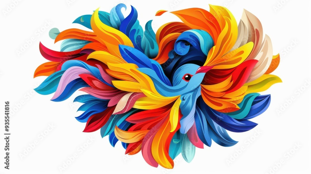 Fototapeta premium Bright and fun flat art showcases a swirling heart with a cheerful bird, bursting with color and playful texture.