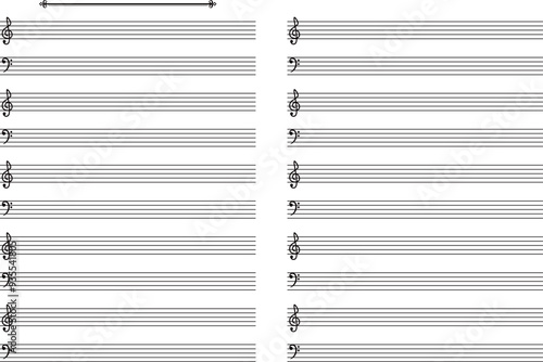おしゃれなタイトルの飾り罫付ト音記号とヘ音記号の五線譜のテンプレート素材