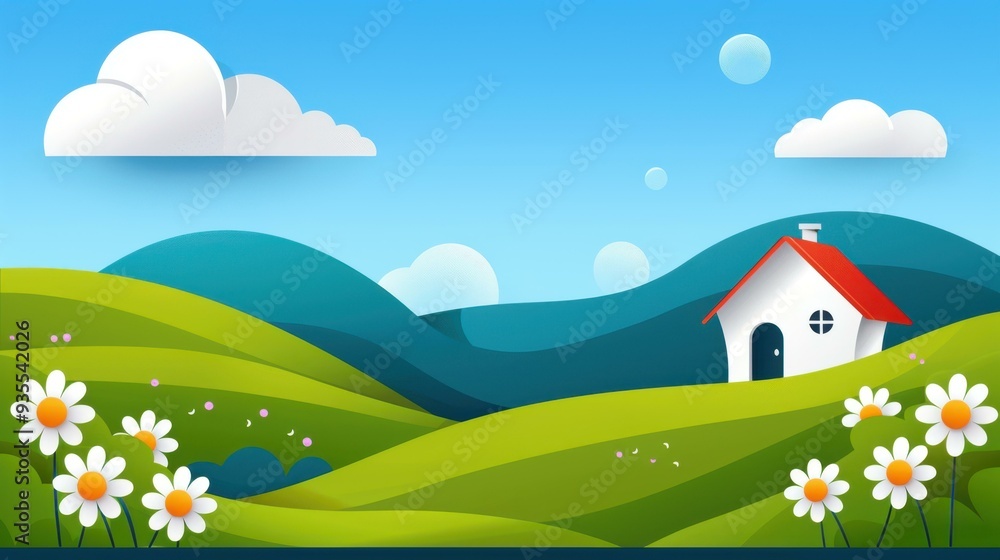 Naklejka premium Experience tranquility with a vibrant spring scene, showcasing joyful daisies amidst lush, rolling hills.