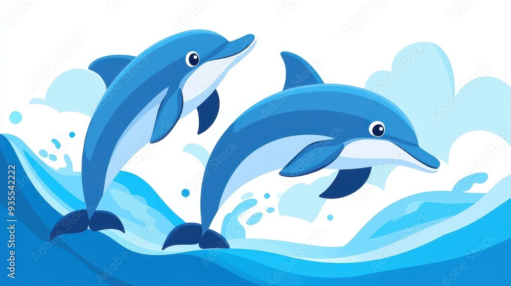 Fototapeta premium Bright and lively dolphins dance in vibrant waters, showcasing the beauty and grace of ocean life in this modern piece.