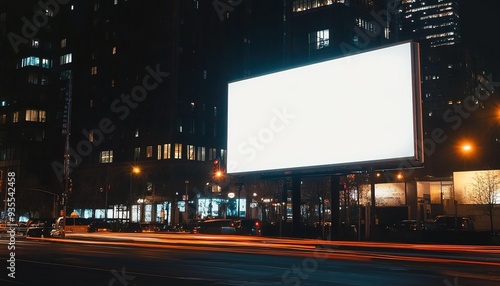 A blank white street billboard at night, with no text or images on the screen. 