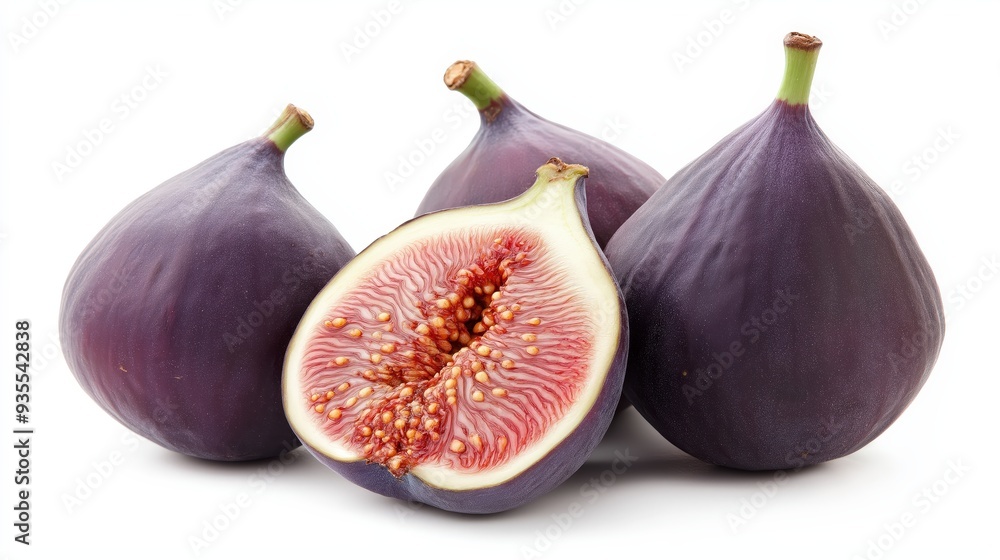 Three fresh figs, one sliced open to reveal its juicy interior, isolated on a white background. Three fresh figs, one sliced open to reveal its juicy interior, isolated on a white background.