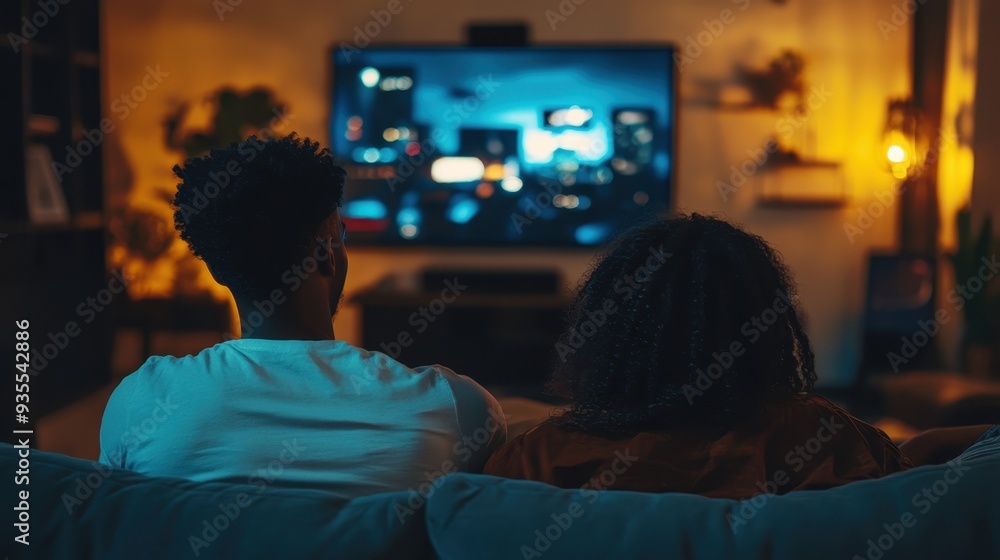 A diverse couple enjoys a cozy evening at home, relaxing on the couch while streaming a favorite show on their television A diverse couple enjoys a cozy evening at home, relaxing on the couch while streaming a favorite show on their television