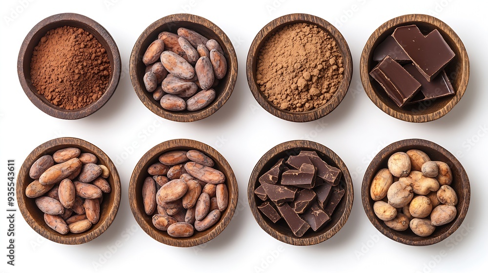 Chocolate ingredients in wooden bowls cocoa beans chocolate mass cocoa powder chocolate bars Flat lay isolated on white background : Generative AI Chocolate ingredients in wooden bowls cocoa beans chocolate mass cocoa powder chocolate bars Flat lay isolated on white background : Generative AI