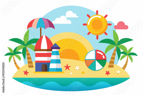Tropical Beach Scene with Palm Trees, Lighthouse, and Umbrella