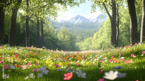 Fototapeta Naklejka Na Ścianę i Meble -  39. 3D depiction of a vibrant spring forest with blooming flowers and fresh green leaves, set against a pristine background