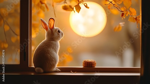 Autumn Moonlit Musings: A white rabbit sits pensively by a window, gazing at the mesmerizing harvest moon through a canopy of golden leaves. 