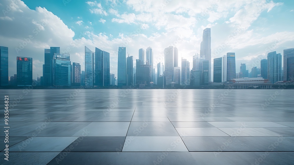 Empty square floor and city skyline with building background : Generative AI Empty square floor and city skyline with building background : Generative AI