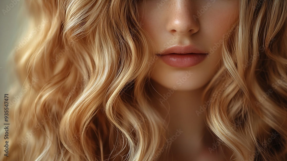 Naklejka premium Beauty blonde girl with long and shiny wavy hair Beautiful woman model with curly hairstyle Perm trichology and care : Generative AI