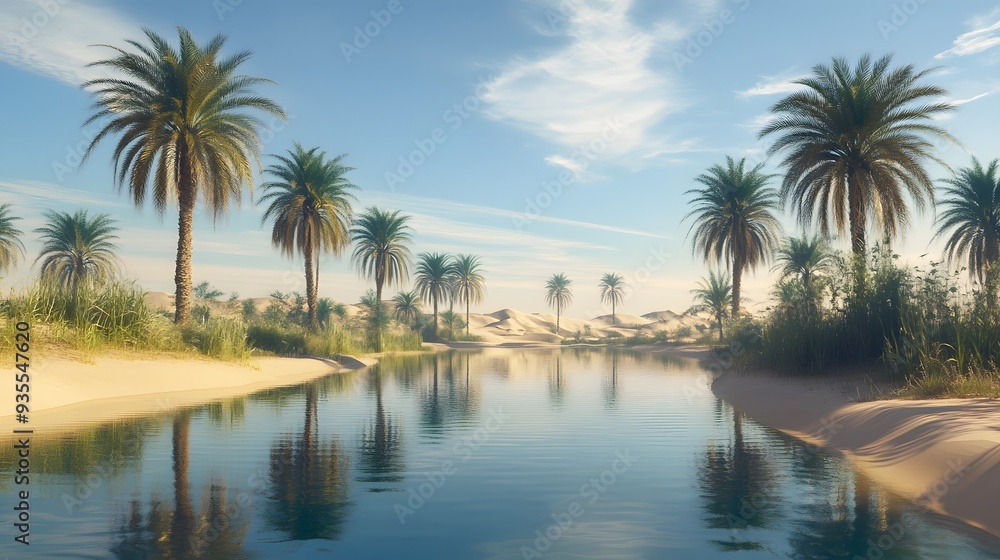 22. 3D visualization of a tranquil desert oasis with palm trees and a reflective water pool, rendered on a clear background 22. 3D visualization of a tranquil desert oasis with palm trees and a reflective water pool, rendered on a clear background