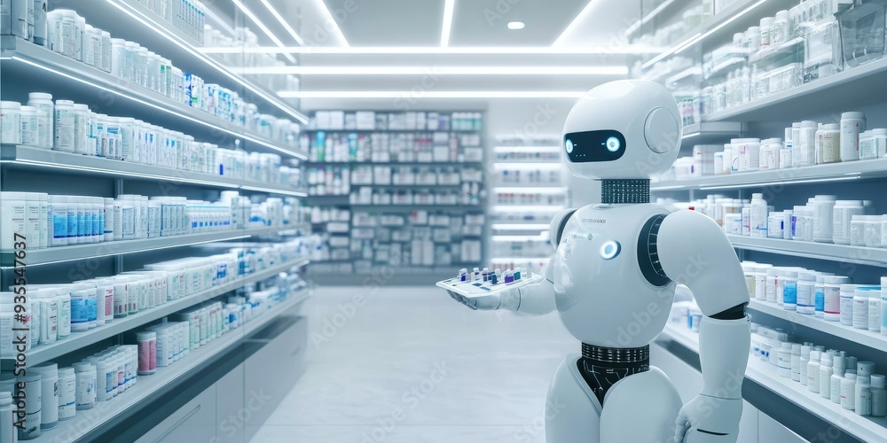 Robot pharmacist dispensing medication in a pharmacy. Robot pharmacist dispensing medication in a pharmacy.
