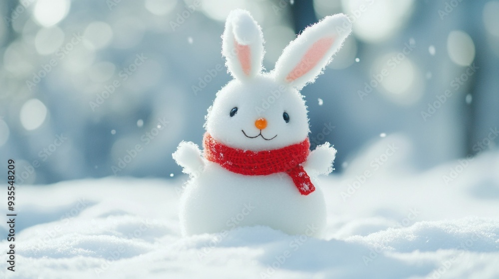 horizontal ilmage of a cute rabbit snowman on the isolated blue background. Copy space for text. For banner, design social media, blog, card, flyer, invitation, print, poster, horizontal ilmage of a cute rabbit snowman on the isolated blue background. Copy space for text. For banner, design social media, blog, card, flyer, invitation, print, poster,