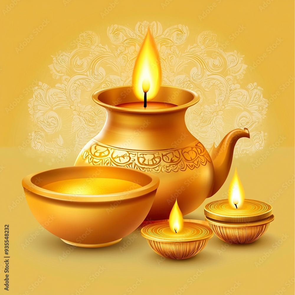 happy dhanteras festival card with golden coin pot and oil diya vector.generative ai happy dhanteras festival card with golden coin pot and oil diya vector.generative ai