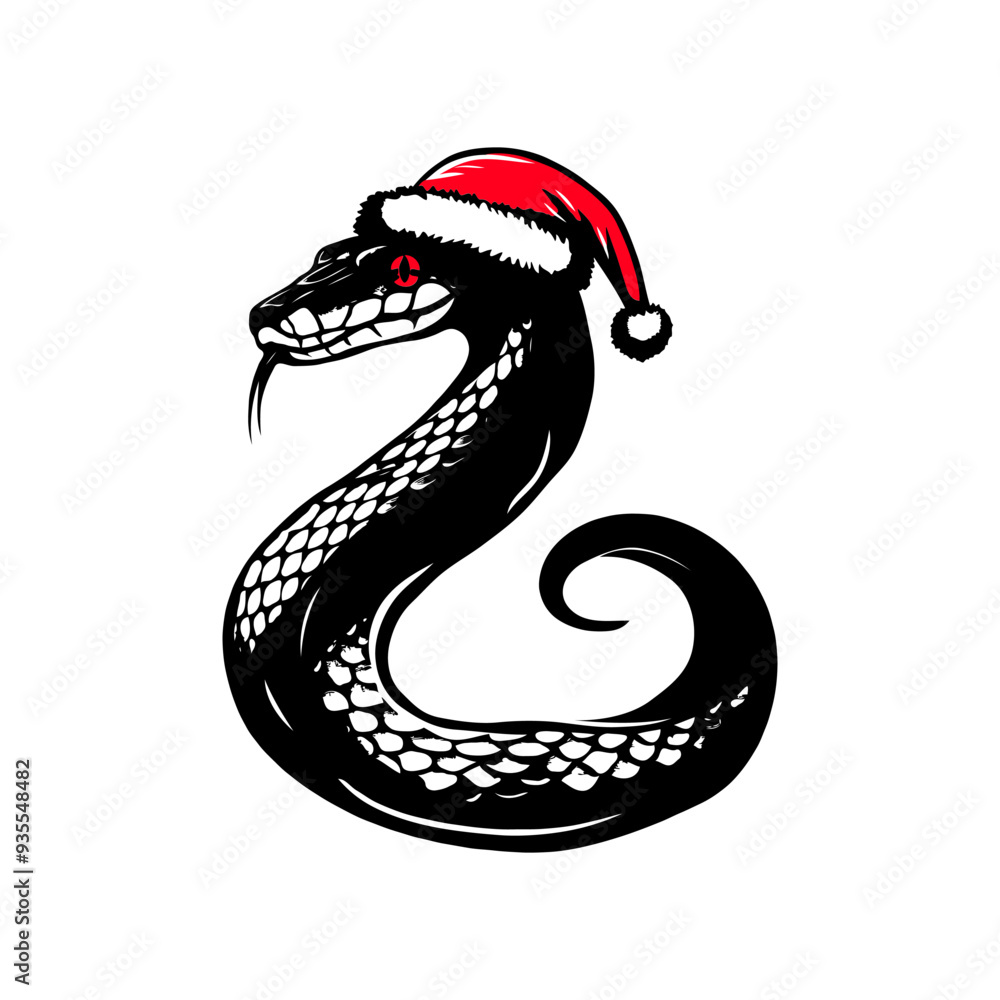 Naklejka premium Snake with a red Santa hat on white background. Happy Chinese new year 2025. Vector