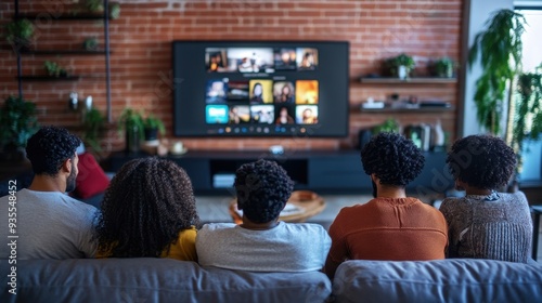 Friends gather on a sofa to enjoy a movie night, engaging in laughter and conversation in a welcoming living room atmosphere