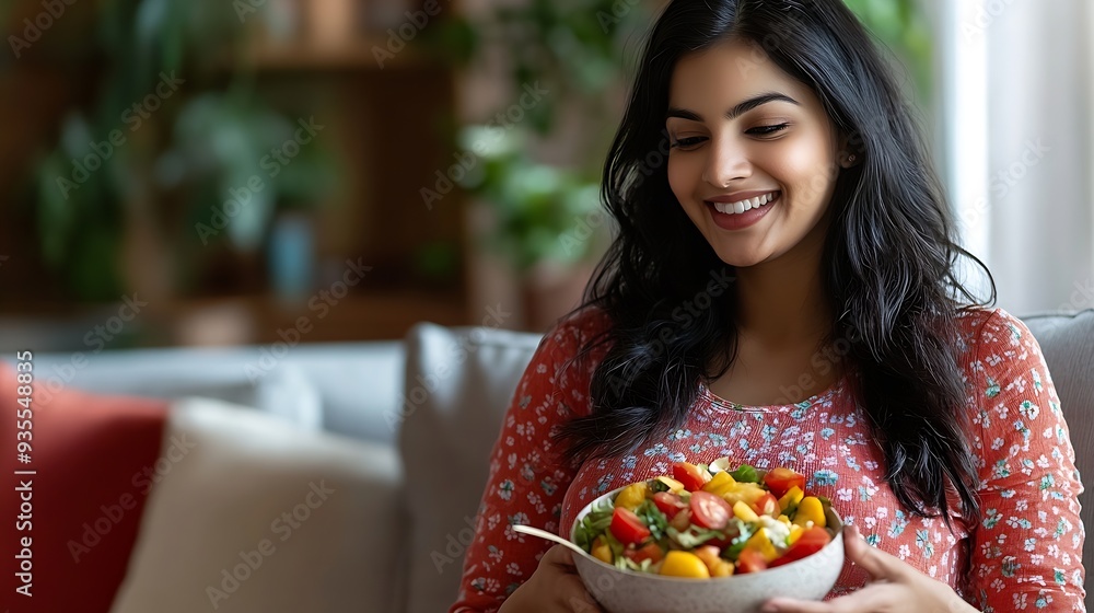 Happy indian pregnant woman eating fruits salad while sitting on sofa at home  concept of healthy lifestyles Maternal Pregnancy nutrition : Generative AI