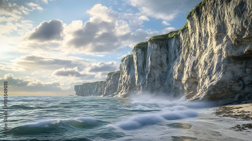 24. 3D representation of a serene coastal cliff with crashing waves and rugged rock formations, displayed on a pristine background 24. 3D representation of a serene coastal cliff with crashing waves and rugged rock formations, displayed on a pristine background