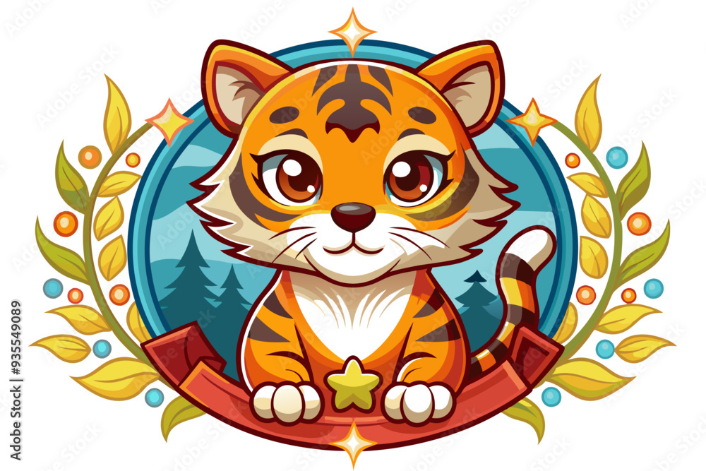 Obraz premium Adorable Cartoon Tiger Holding a Star Within a Decorative Wreath