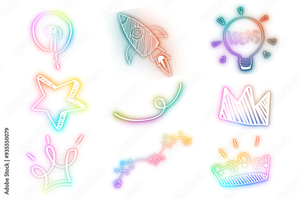 Png rainbow doodle glow neon icon element set Png rainbow doodle glow neon icon element set