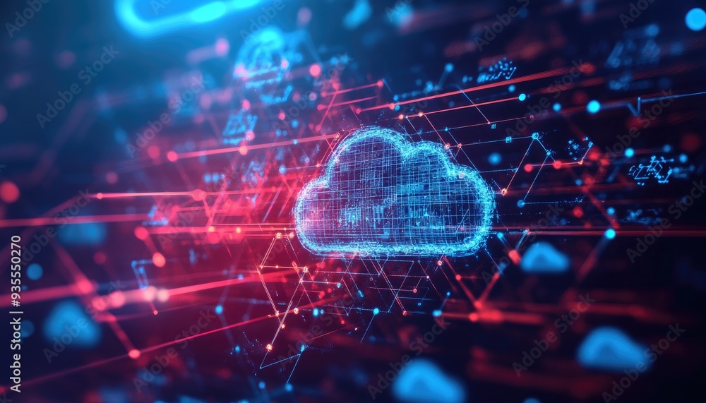 Obraz premium Abstract 3D cloud computing network with red and blue light.