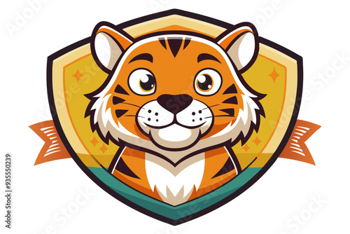 Cartoon Tiger Head Inside a Shield with Orange Ribbon