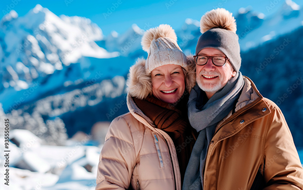 Affectionate mature couple hugging during winter holidays in the mountains. Affectionate mature couple hugging during winter holidays in the mountains.