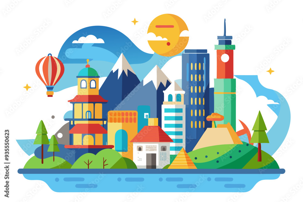 Fototapeta premium Colorful Cityscape with Mountains, a Hot Air Balloon, and a River