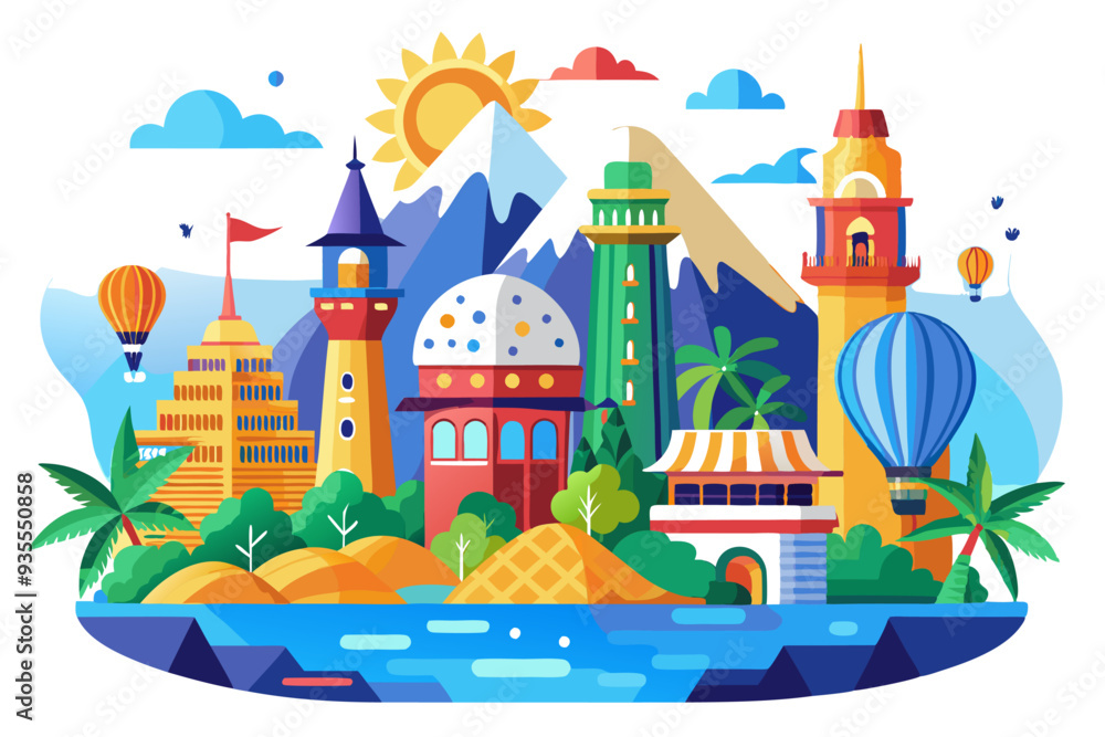 Colorful Cityscape with Towers, Palm Trees, and Hot Air Balloons Colorful Cityscape with Towers, Palm Trees, and Hot Air Balloons