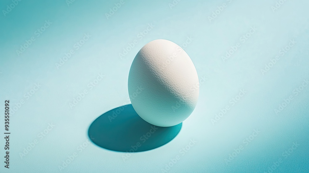Bright blue background with a single white egg, placed neatly in the center, casting a soft shadow Bright blue background with a single white egg, placed neatly in the center, casting a soft shadow