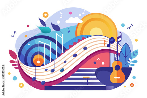 Abstract illustration of music with a guitar, notes, and a sun