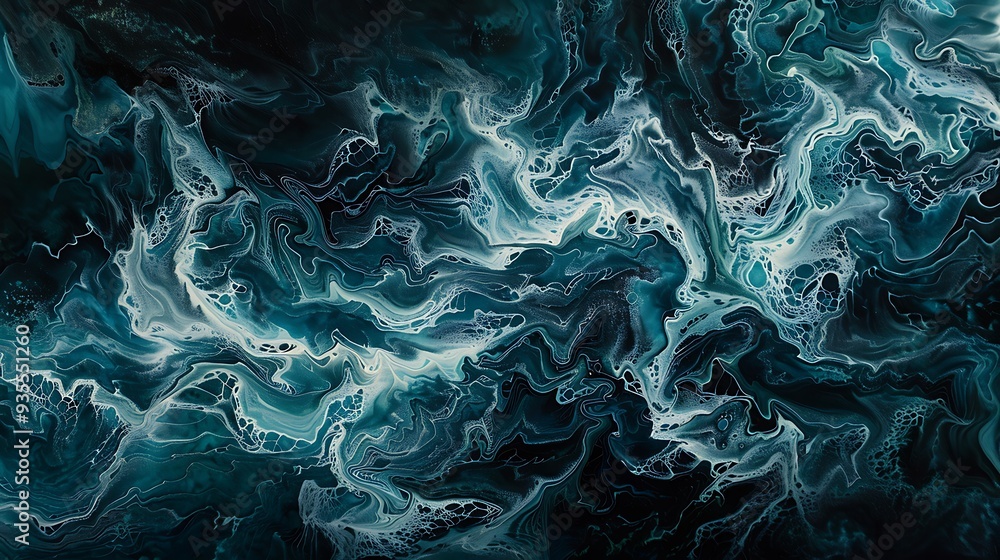 Obraz premium Abstract background of ocean waves with interweaving of various turquoise shades with dark aqua green color, aerial view, abstract landscape