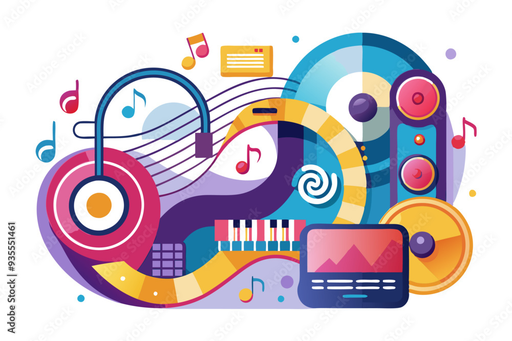 Obraz premium Abstract Colorful Composition of Music Instruments and Symbols